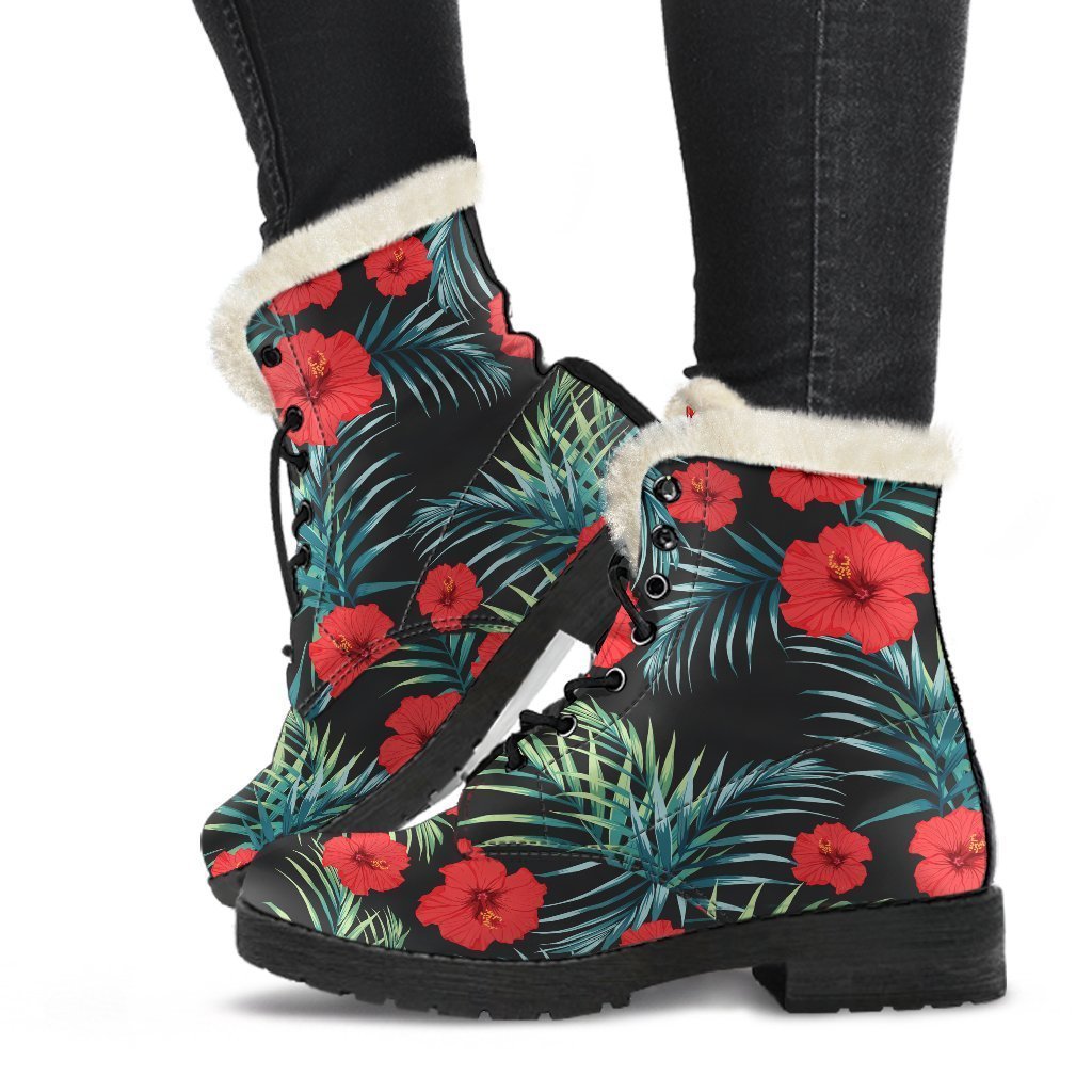 Tropical Hibiscus Faux Fur Leather Boots: Walk in Groovy Style! - 1