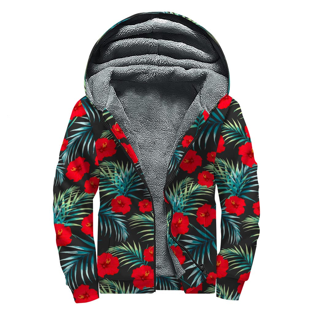 Groovy Hibiscus Leaves Sherpa Lined Zip Up Hoodie for Trendy Hippies - 1