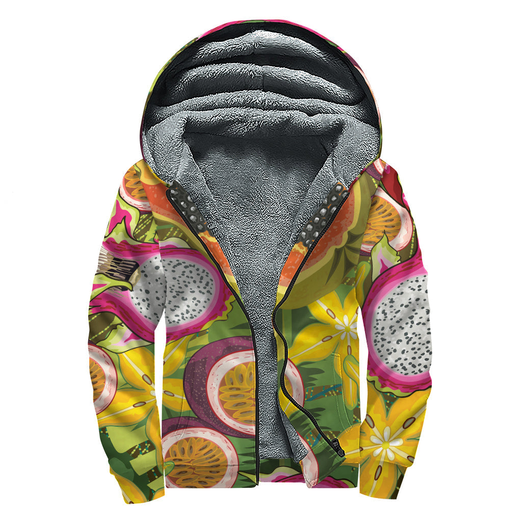 Tropical Jungle Fruits Pattern Print Sherpa Lined Zip Up Hoodie - Embrace Your Inner Hippie Style! - 1