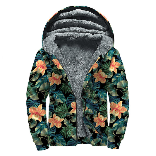 Tropical Leaf and Hawaiian Flower Print Sherpa Lined Zip Up Hoodie for the Free-Spirited Hippie - 1