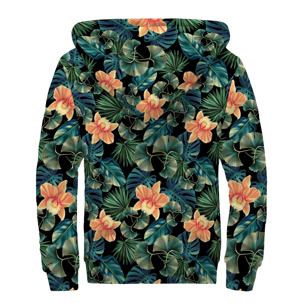 Tropical Leaf and Hawaiian Flower Print Sherpa Lined Zip Up Hoodie for the Free-Spirited Hippie - 2