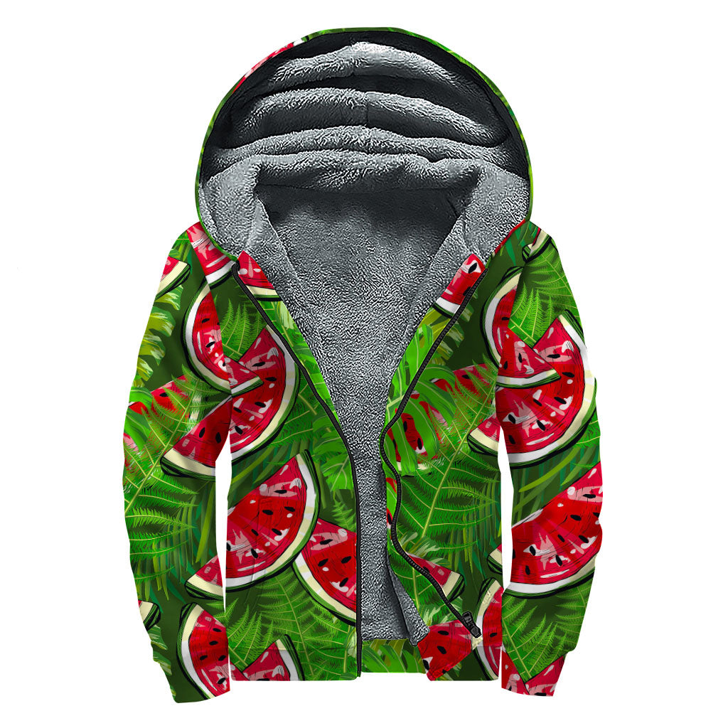 Boho Bliss: Tropical Leaf & Watermelon Pattern Sherpa Lined Zip Up Hoodie - 1