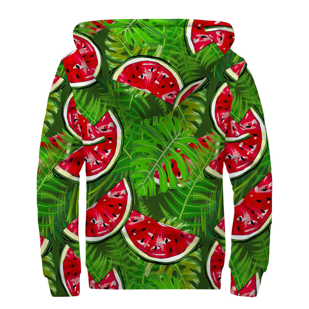 Boho Bliss: Tropical Leaf & Watermelon Pattern Sherpa Lined Zip Up Hoodie - 2