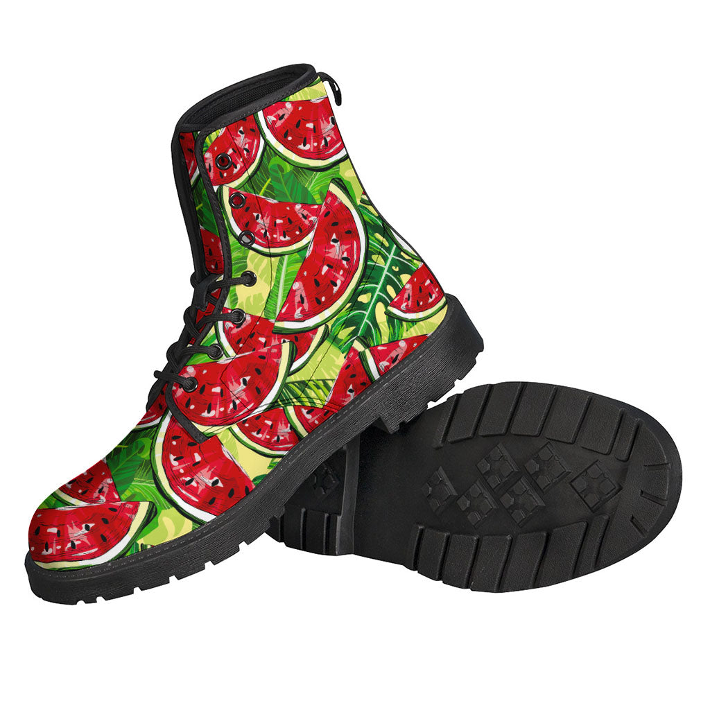 Groovy Vibes: Tropical Leaves and Watermelon Pattern Leather Boots for Stylish Hippies - 2