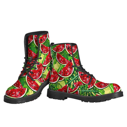 Groovy Vibes: Tropical Leaves and Watermelon Pattern Leather Boots for Stylish Hippies - 3