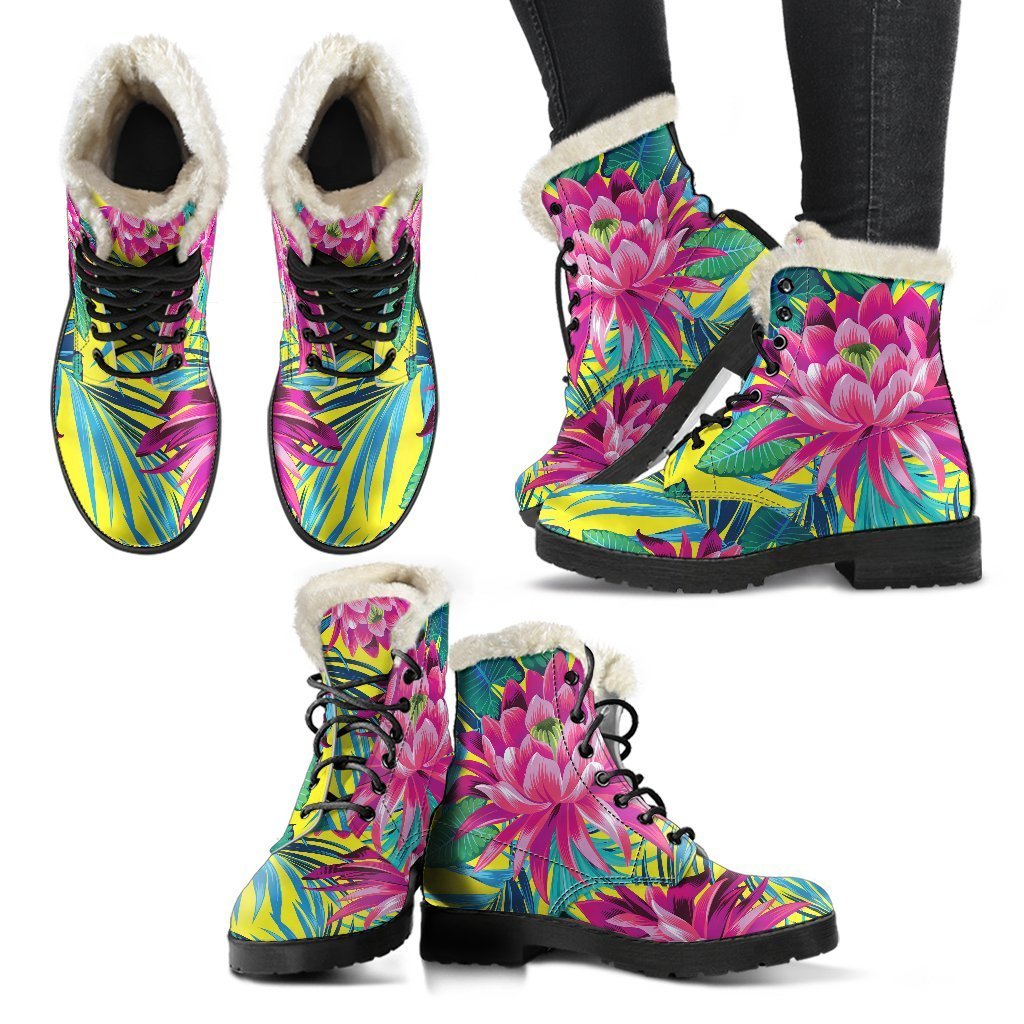 Tropical Lotus Faux Fur Leather Boots for Hippie Souls - 2