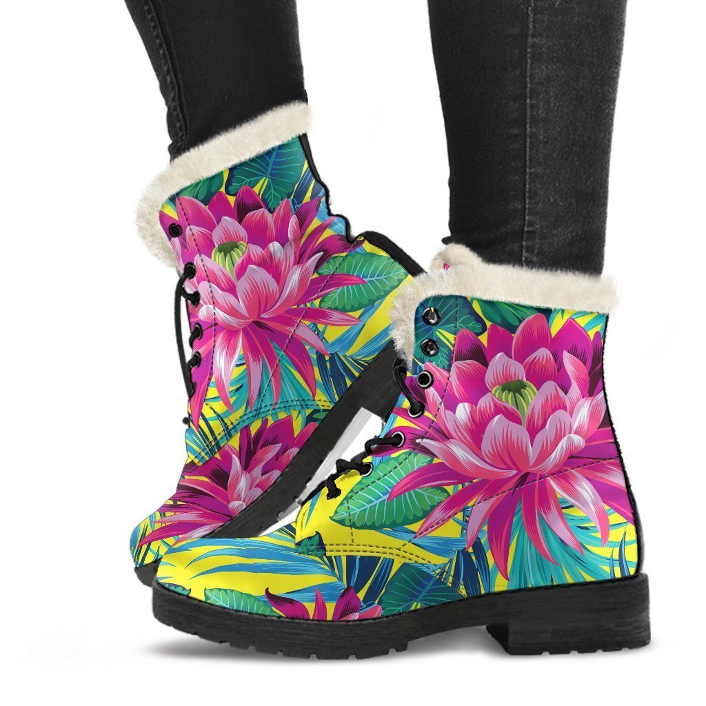 Tropical Lotus Faux Fur Leather Boots for Hippie Souls - 1