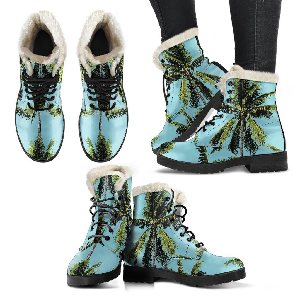 Get Groovy with Tropical Palm Tree Pattern Faux Fur Leather Boots - Perfect for the Free-Spirited Hippies! - 2