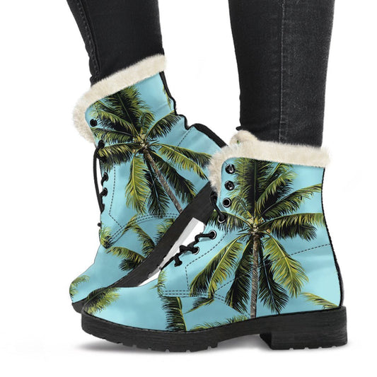 Get Groovy with Tropical Palm Tree Pattern Faux Fur Leather Boots - Perfect for the Free-Spirited Hippies! - 1