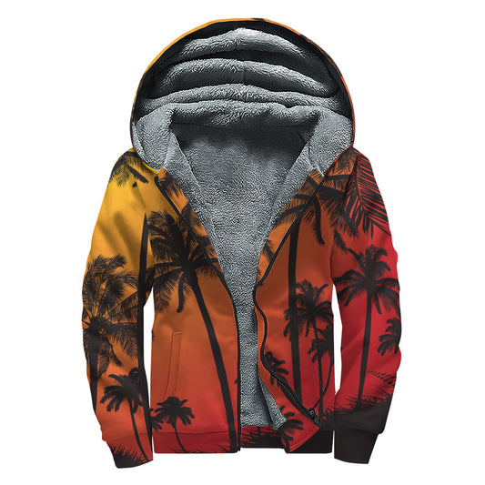 Tropical Palm Tree Sunset Sherpa Lined Hoodie for the Free Spirited Hippie - 1