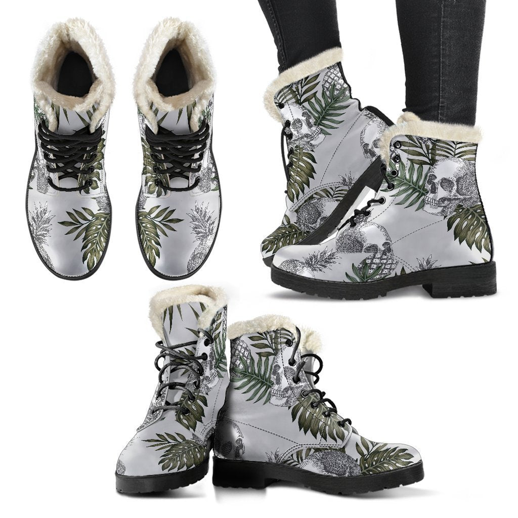 Groovy Pineapple Skull Faux Fur Leather Boots for Fashion-Forward Hippies - 2