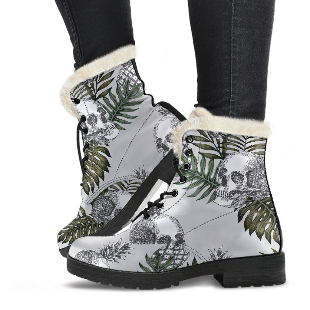 Groovy Pineapple Skull Faux Fur Leather Boots for Fashion-Forward Hippies - 1