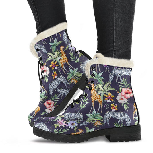 Tropical Zebra and Giraffe Print Faux Fur Leather Boots for Free-Spirited Hippies - 1