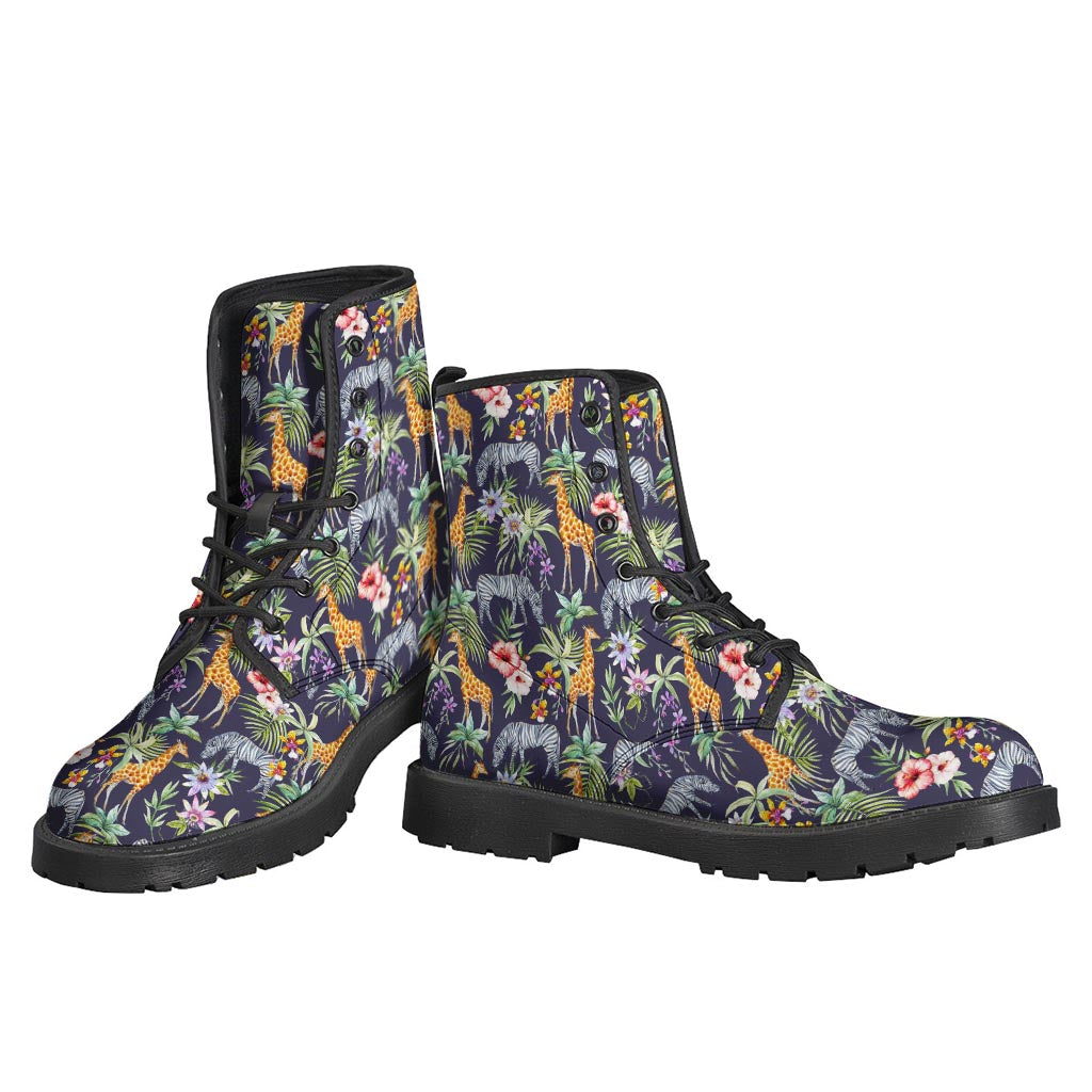 Walk on the Wild Side: Tropical Zebra Giraffe Pattern Leather Lightweight Boots - 3