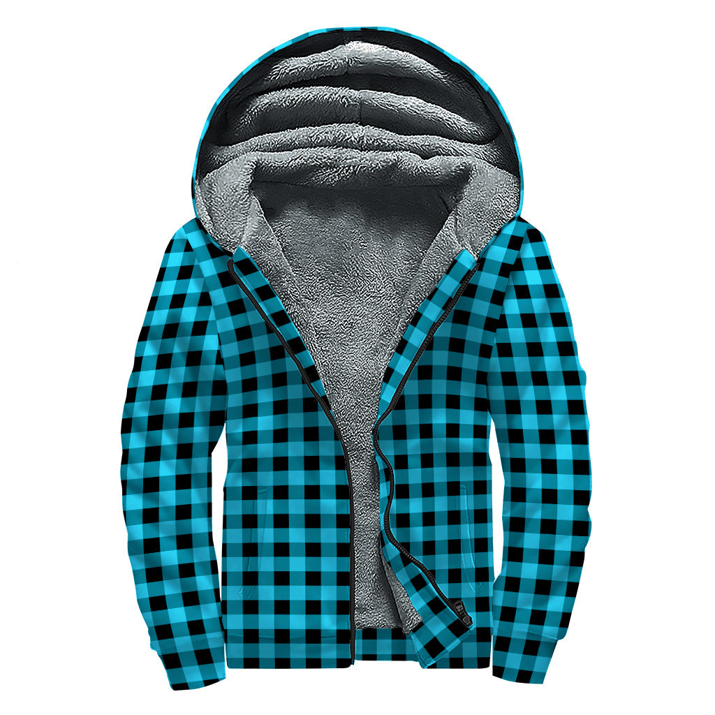 Turquoise and Black Checkered Sherpa-Lined Zip Up Hoodie for Groovy Hippies - 1