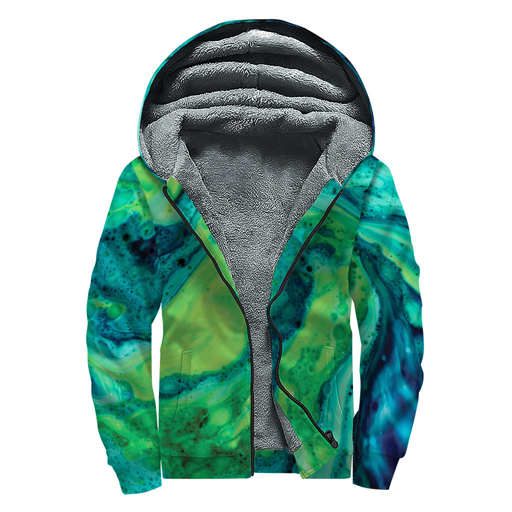 Turquoise and Green Acid Melt Sherpa Zip Hoodie for Groovy Hippies - 1