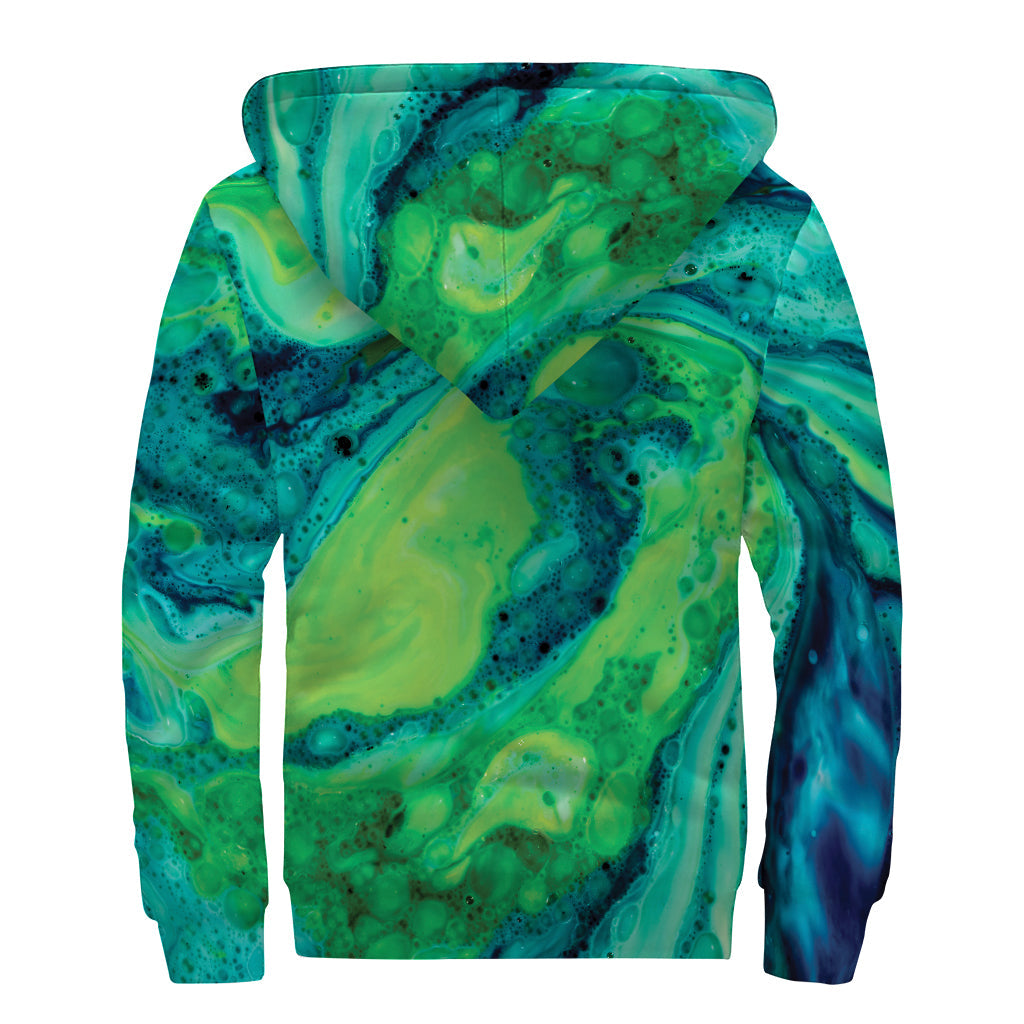 Turquoise and Green Acid Melt Sherpa Zip Hoodie for Groovy Hippies - 2