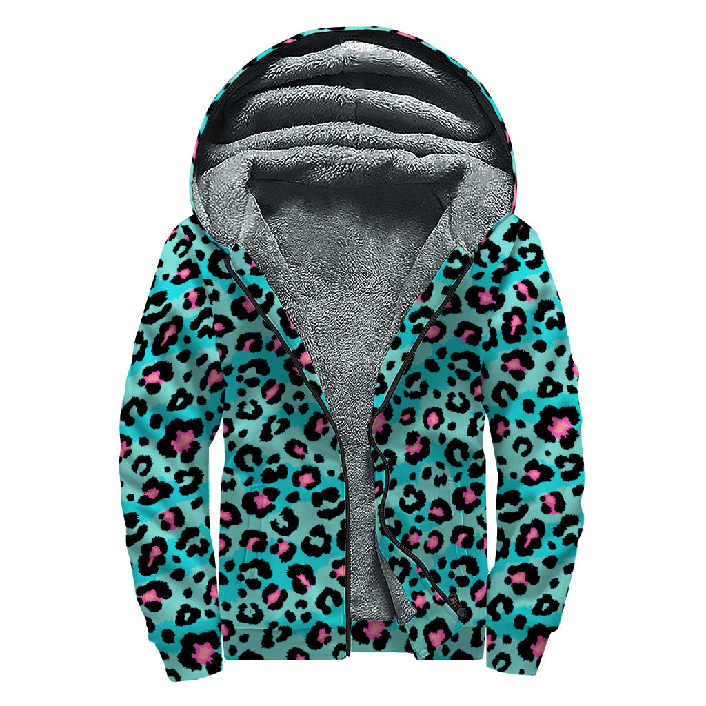 Turquoise and Pink Leopard Print Sherpa Lined Zip Up Hoodie for the Free-Spirited Hippie - 1