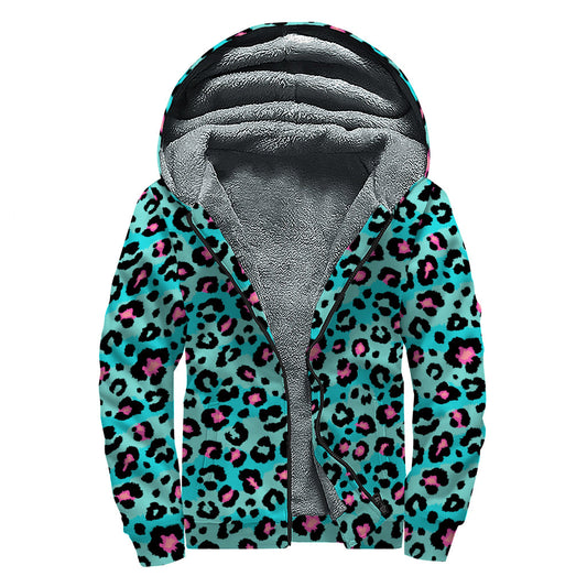 Turquoise and Pink Leopard Print Sherpa Lined Zip Up Hoodie for the Free-Spirited Hippie - 1