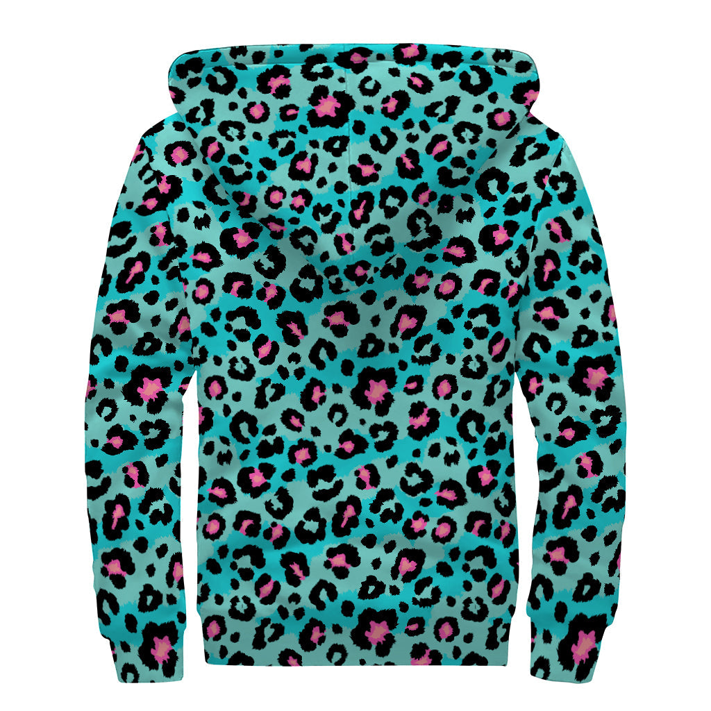 Turquoise and Pink Leopard Print Sherpa Lined Zip Up Hoodie for the Free-Spirited Hippie - 2