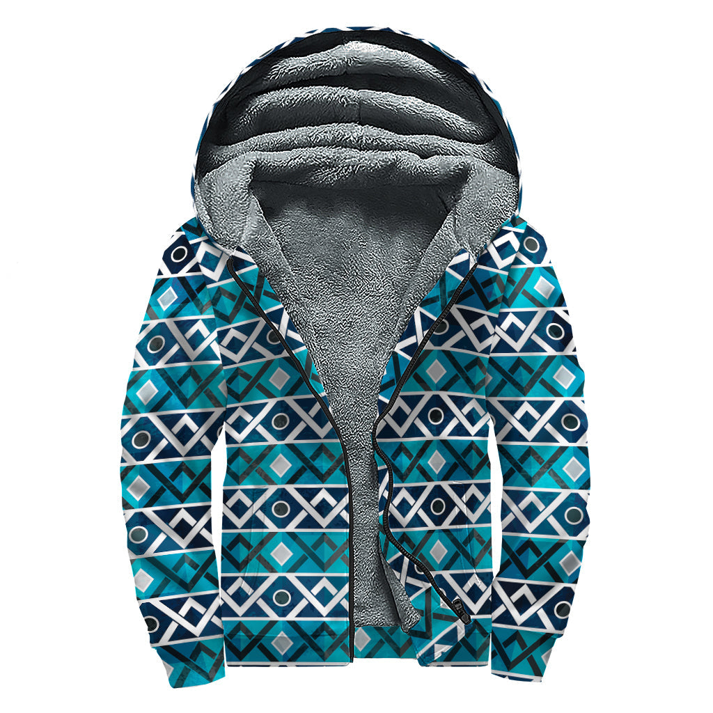 Turquoise Aztec Geometric Sherpa Hoodie - Groovy Style for Hippies - 1