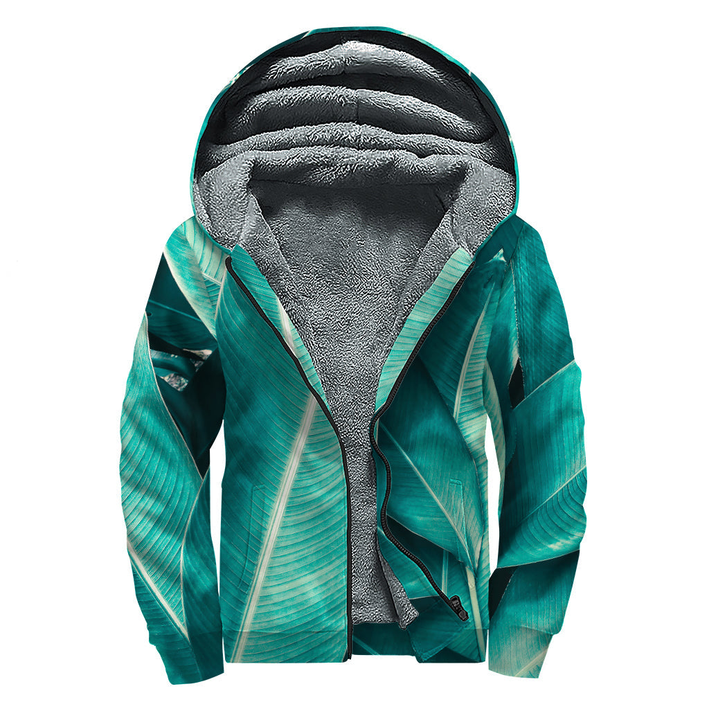 Turquoise Banana Leaf Print Sherpa Lined Zip Up Hoodie: Embrace Your Inner Hippie Style - 1