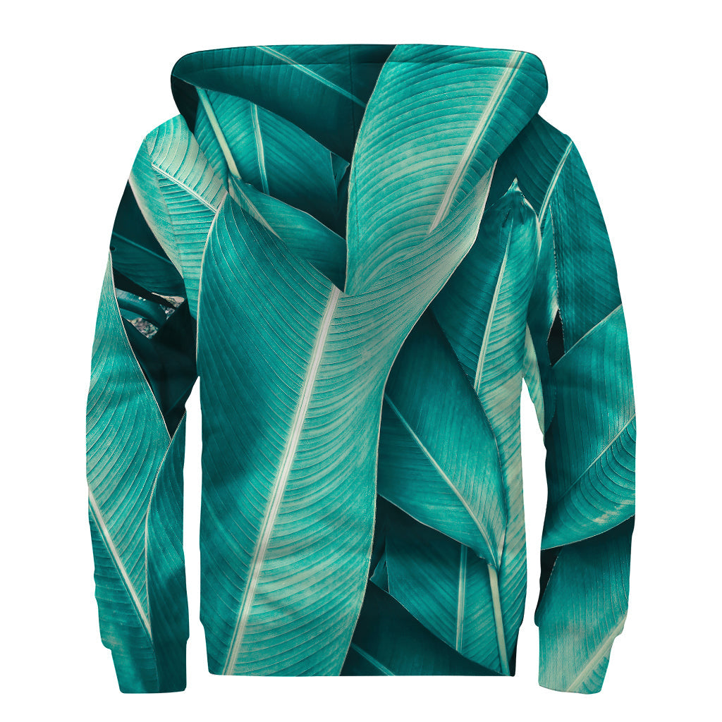 Turquoise Banana Leaf Print Sherpa Lined Zip Up Hoodie: Embrace Your Inner Hippie Style - 2