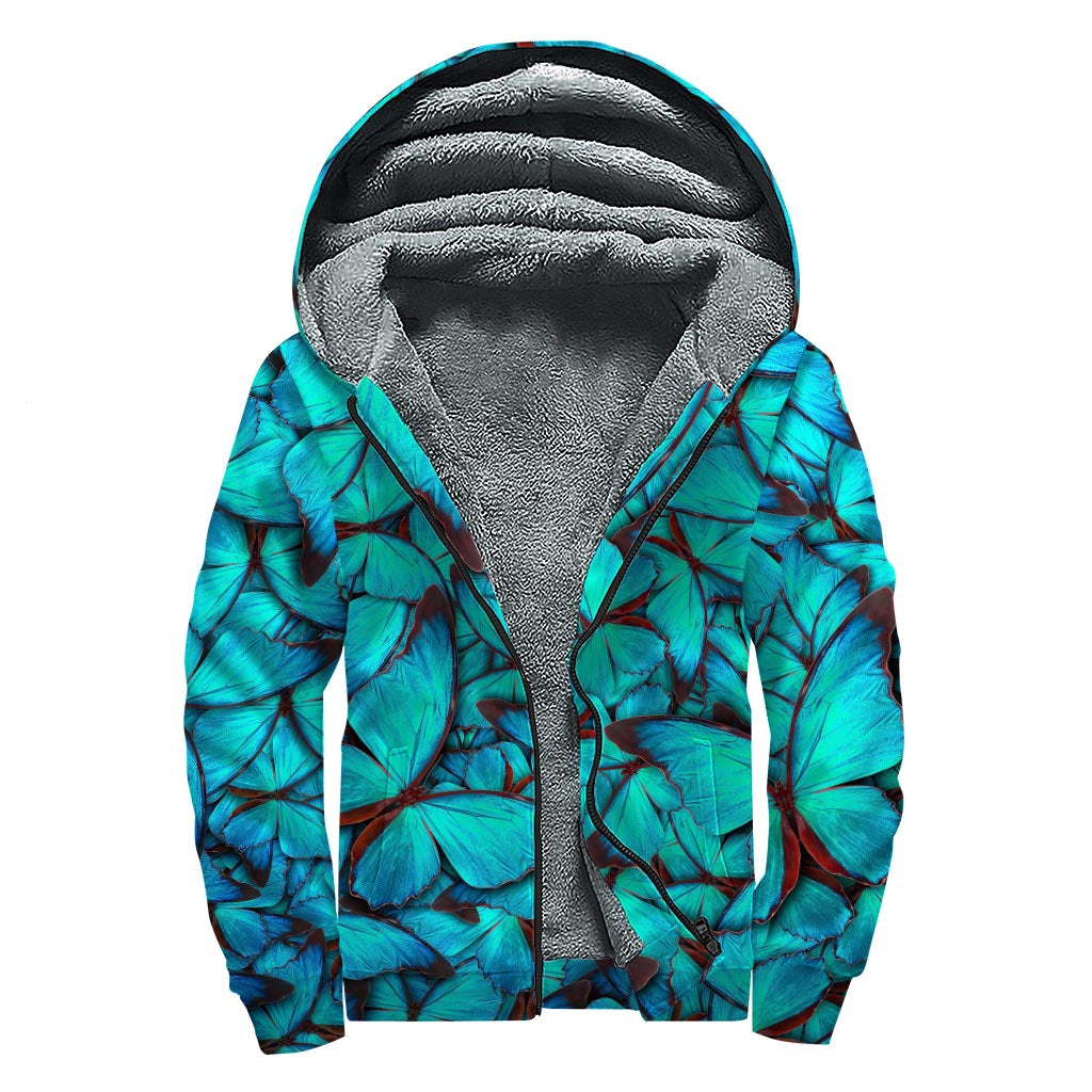 Turquoise Butterfly Bliss: Sherpa Lined Zip Up Hoodie for Free-Spirited Hippies - 1