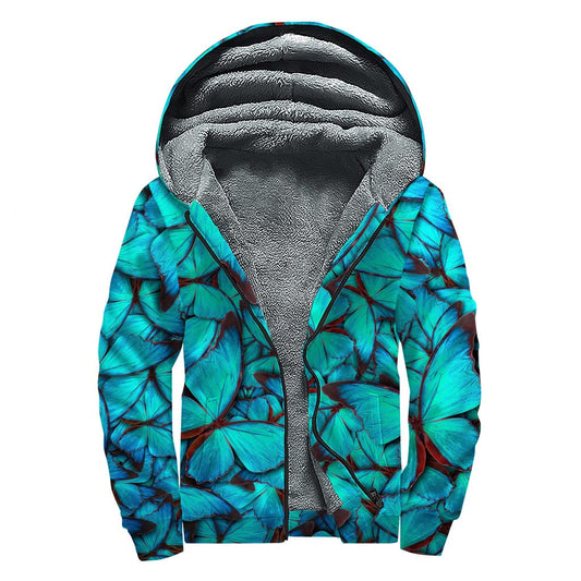 Turquoise Butterfly Bliss: Sherpa Lined Zip Up Hoodie for Free-Spirited Hippies - 1