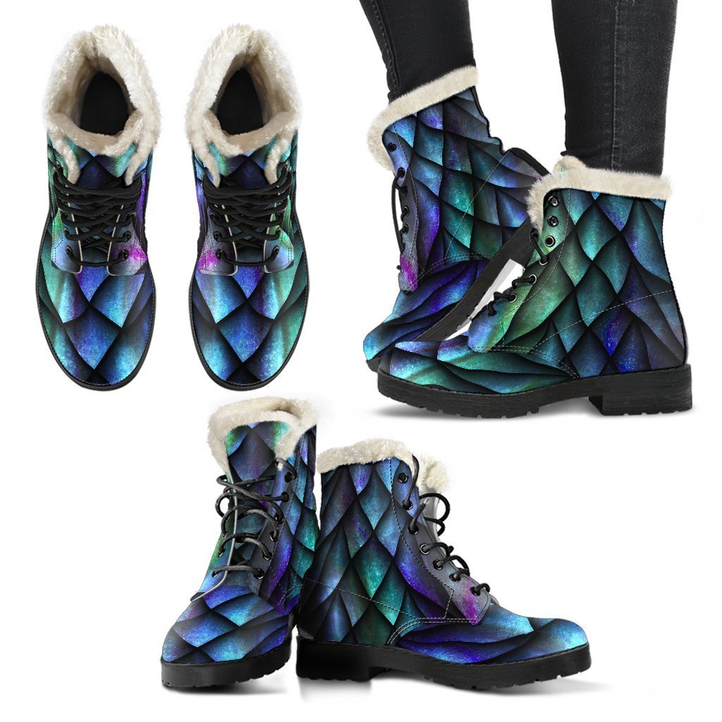 Turquoise Dragon Scales Pattern Faux Fur Leather Boots for Groovy Hippies - 2