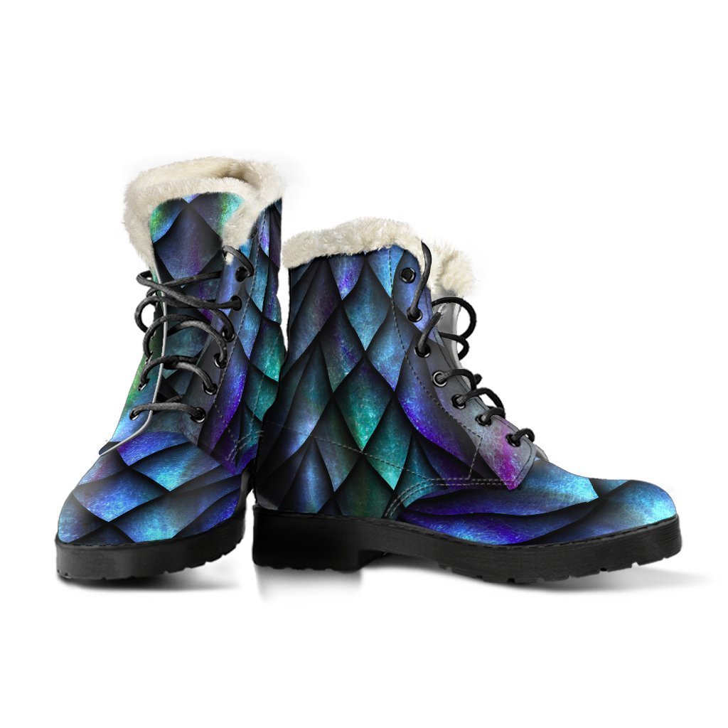 Turquoise Dragon Scales Pattern Faux Fur Leather Boots for Groovy Hippies - 3