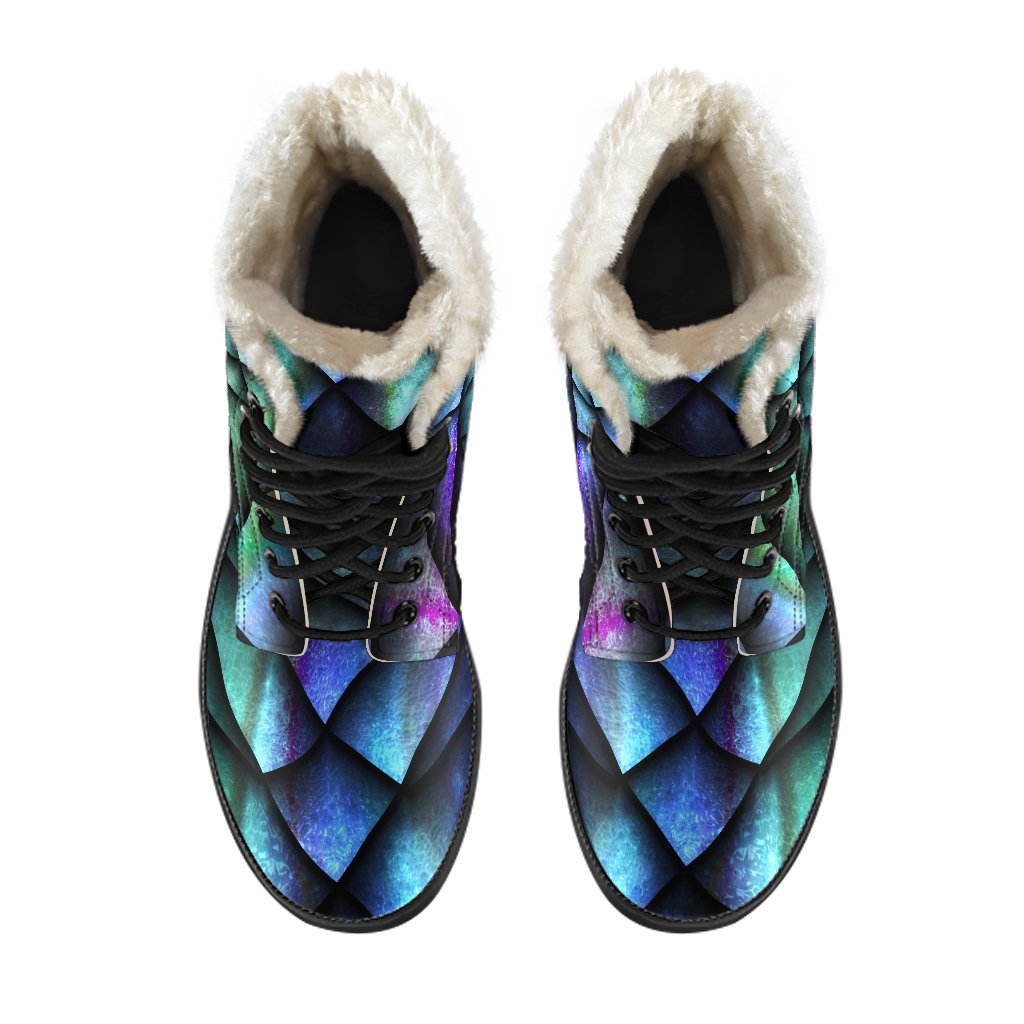 Turquoise Dragon Scales Pattern Faux Fur Leather Boots for Groovy Hippies - 4