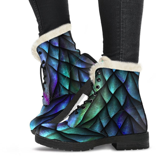 Turquoise Dragon Scales Pattern Faux Fur Leather Boots for Groovy Hippies - 1