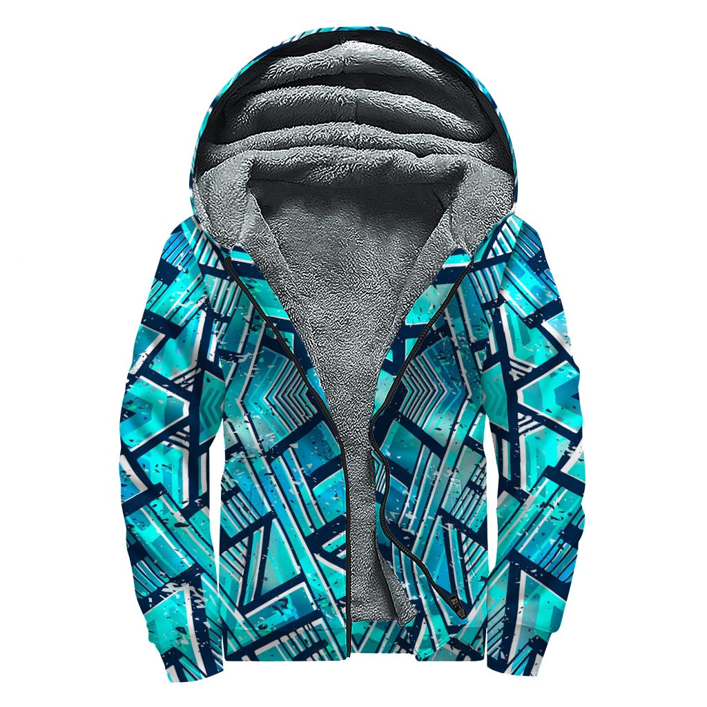 Trendy Turquoise Ethnic Aztec Hippie Hoodie with Sherpa Lining - 1