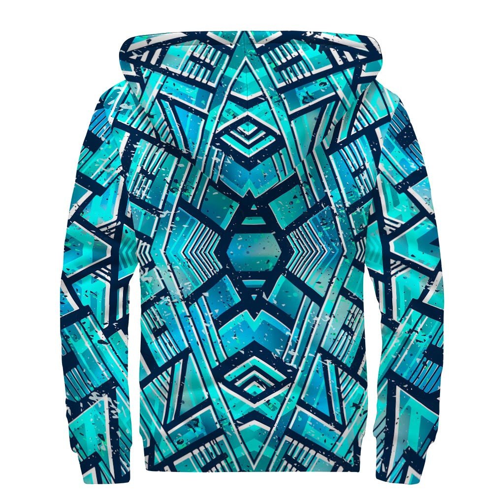 Trendy Turquoise Ethnic Aztec Hippie Hoodie with Sherpa Lining - 2