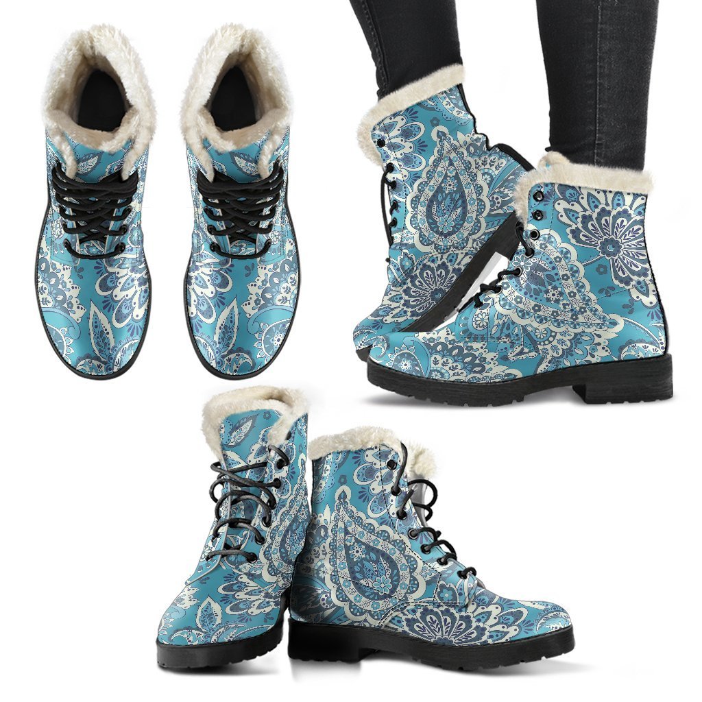 Turquoise Floral Bohemian Faux Fur Leather Boots for the Modern Hippie - 2