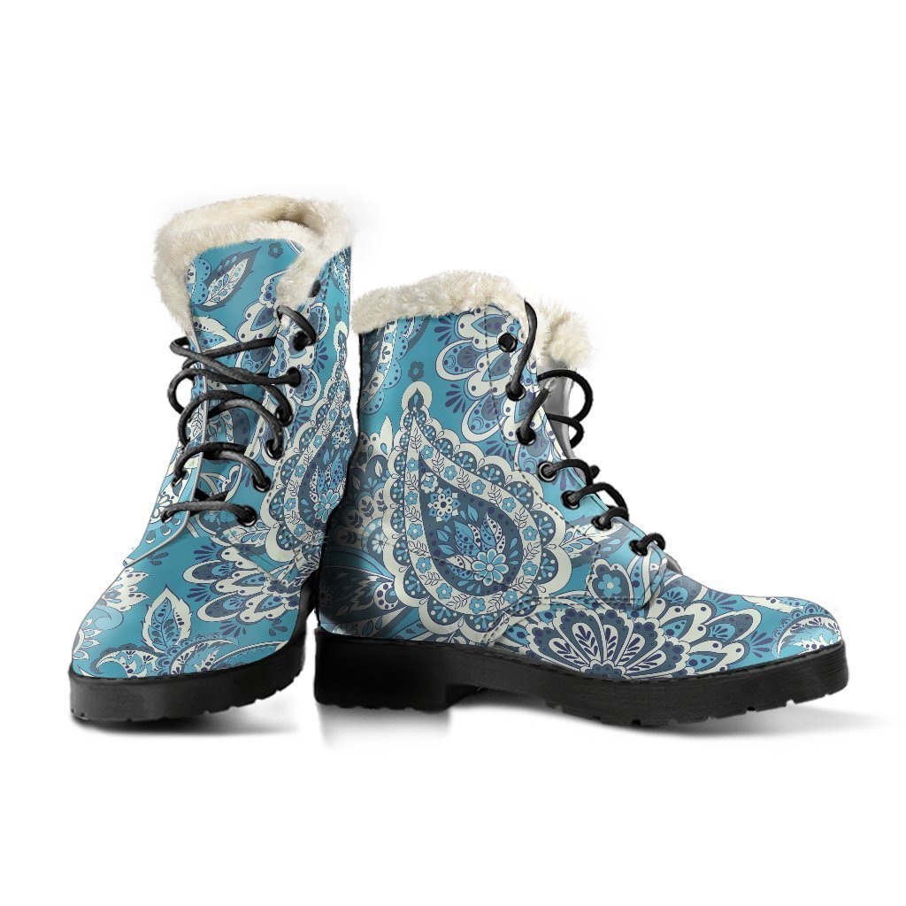 Turquoise Floral Bohemian Faux Fur Leather Boots for the Modern Hippie - 3