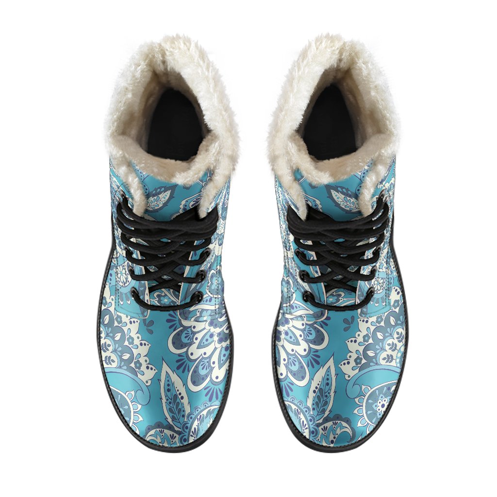 Turquoise Floral Bohemian Faux Fur Leather Boots for the Modern Hippie - 4