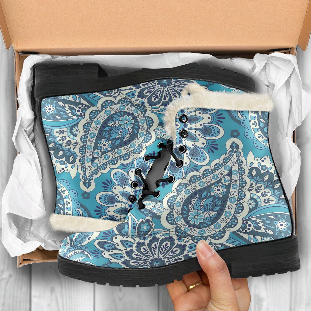 Turquoise Floral Bohemian Faux Fur Leather Boots for the Modern Hippie - 5