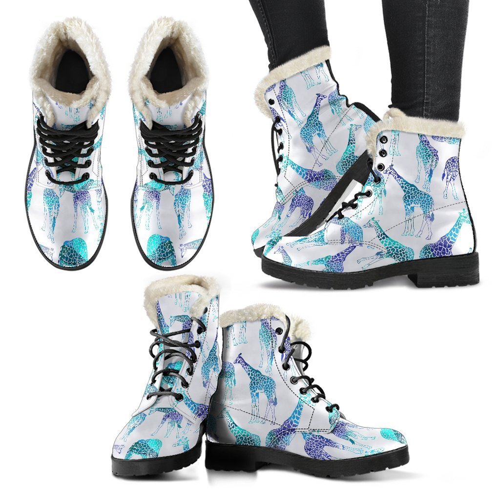 Turquoise Giraffe Pattern Faux Fur Leather Hippie Boots - 2