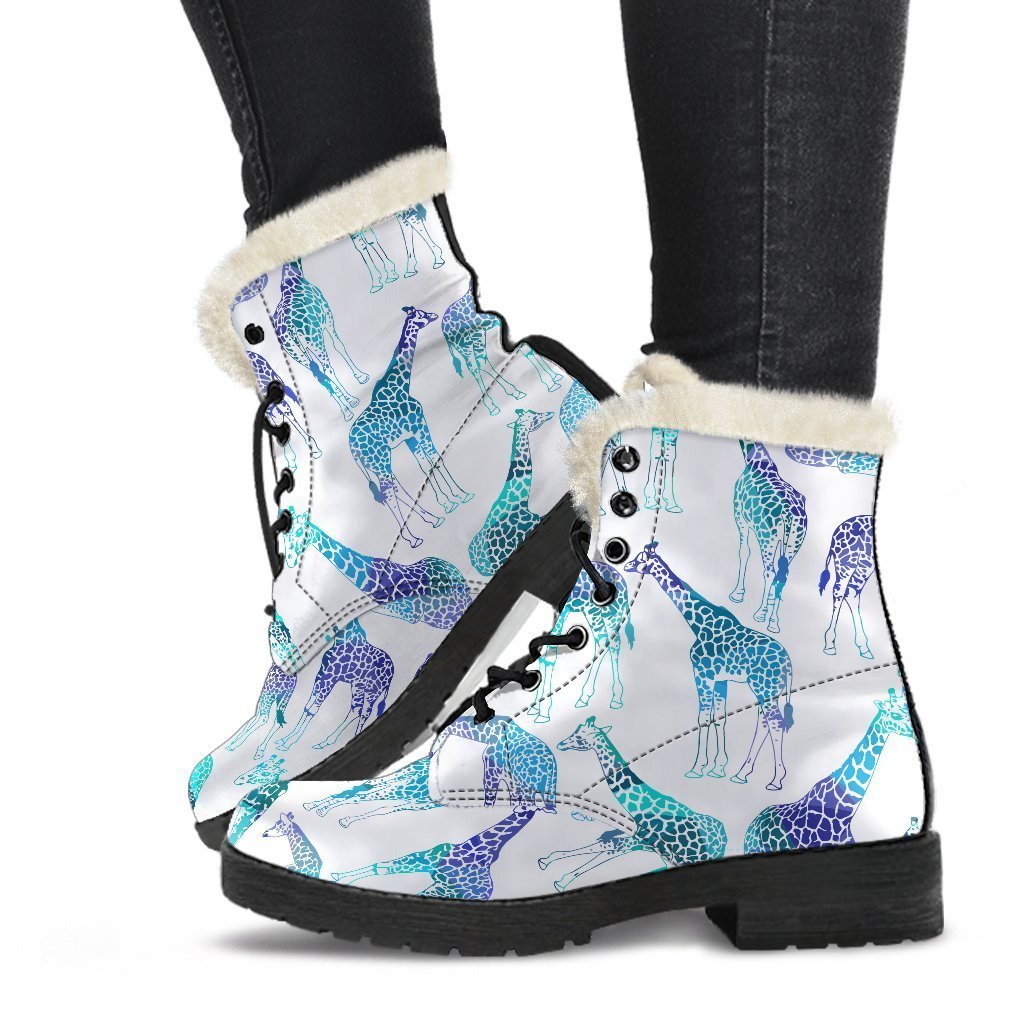 Turquoise Giraffe Pattern Faux Fur Leather Hippie Boots - 1