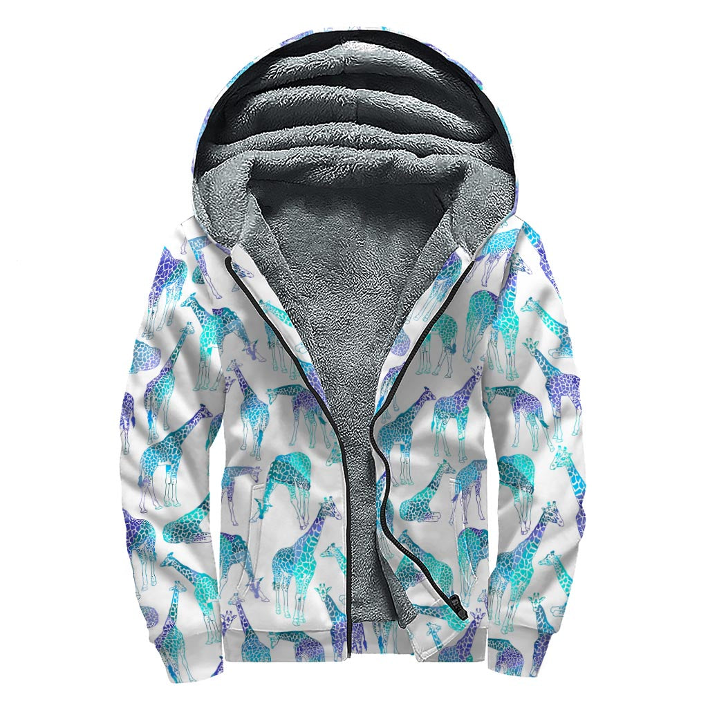 Turquoise Giraffe Pattern Print Sherpa Lined Zip Up Hoodie for Groovy Hippies - 1