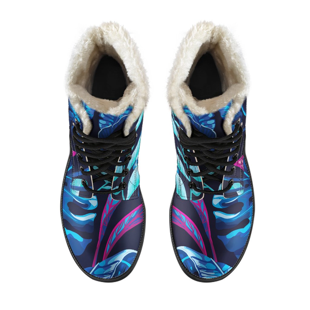 Tropical Dreams: Hippie Style Faux Fur Leather Boots in Turquoise Hawaii Print - 4