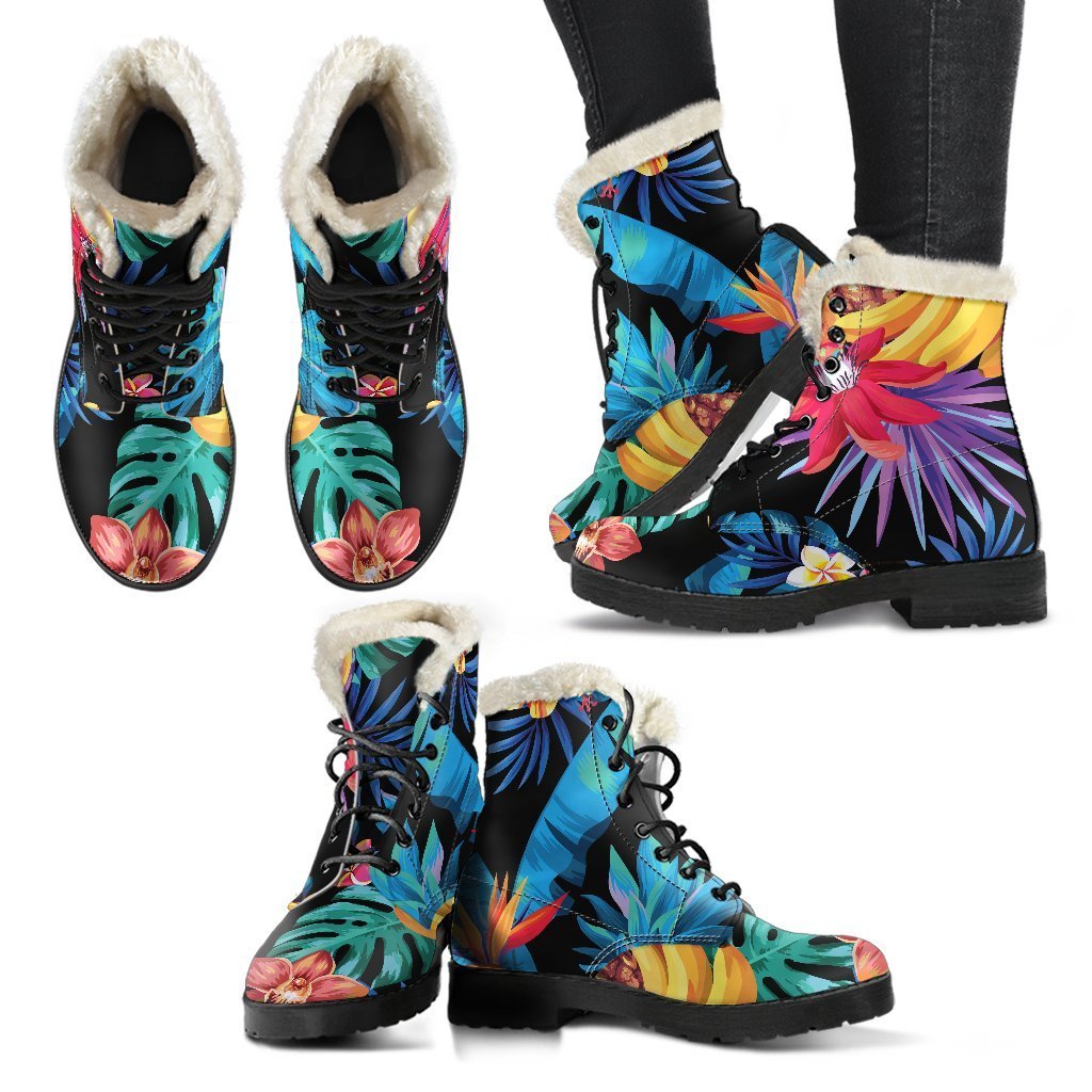 Turquoise Hawaiian Fruits Pattern Print Hippie Faux Fur Leather Boots - 2