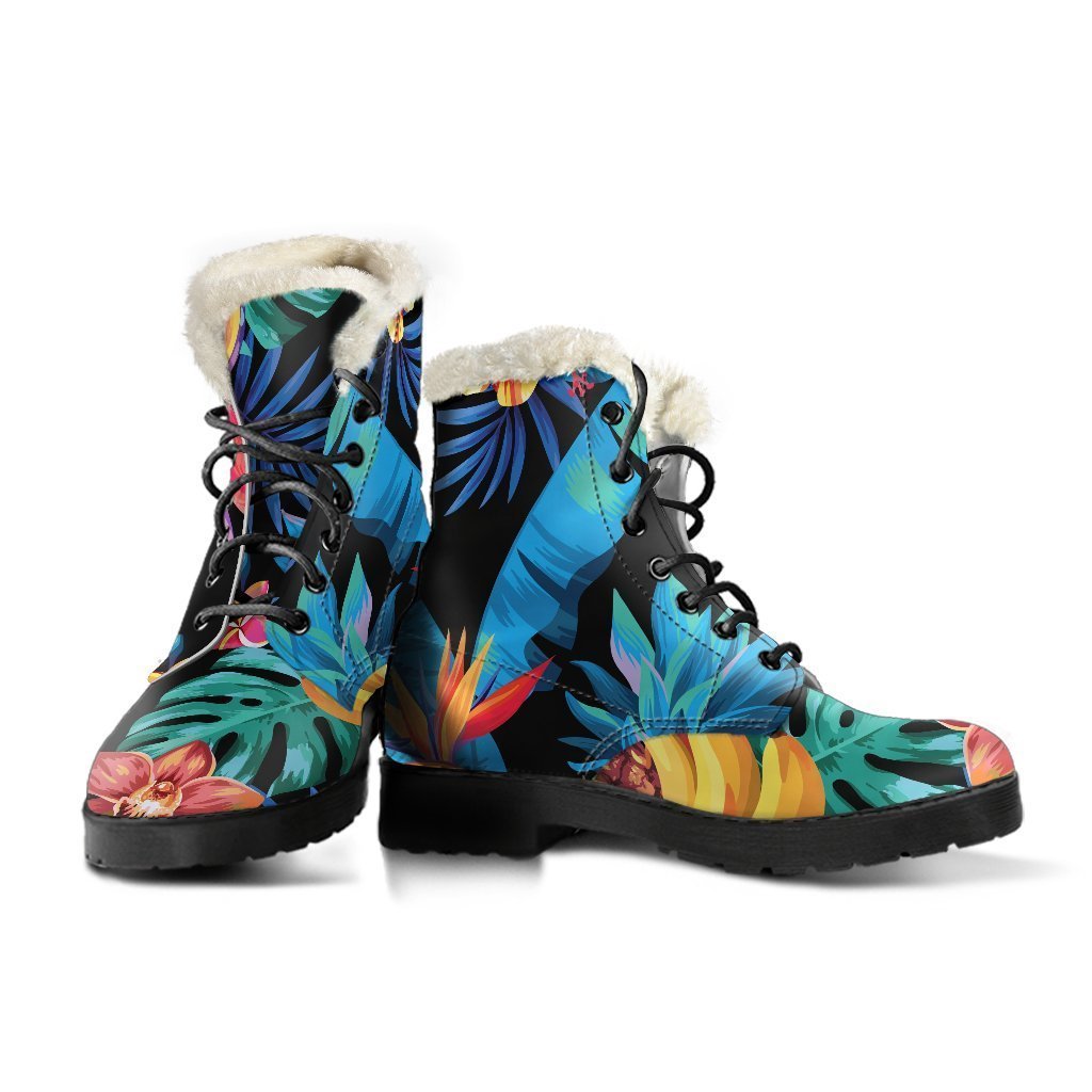 Turquoise Hawaiian Fruits Pattern Print Hippie Faux Fur Leather Boots - 3