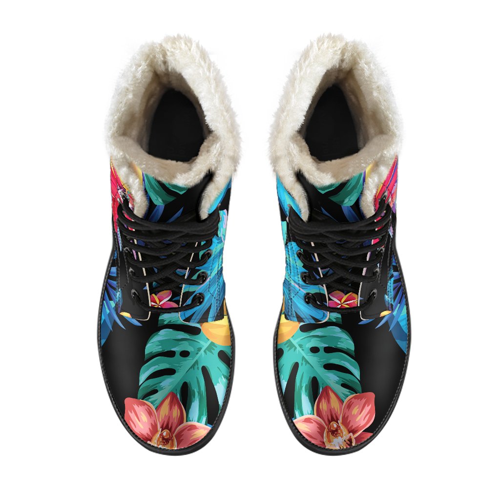 Turquoise Hawaiian Fruits Pattern Print Hippie Faux Fur Leather Boots - 4