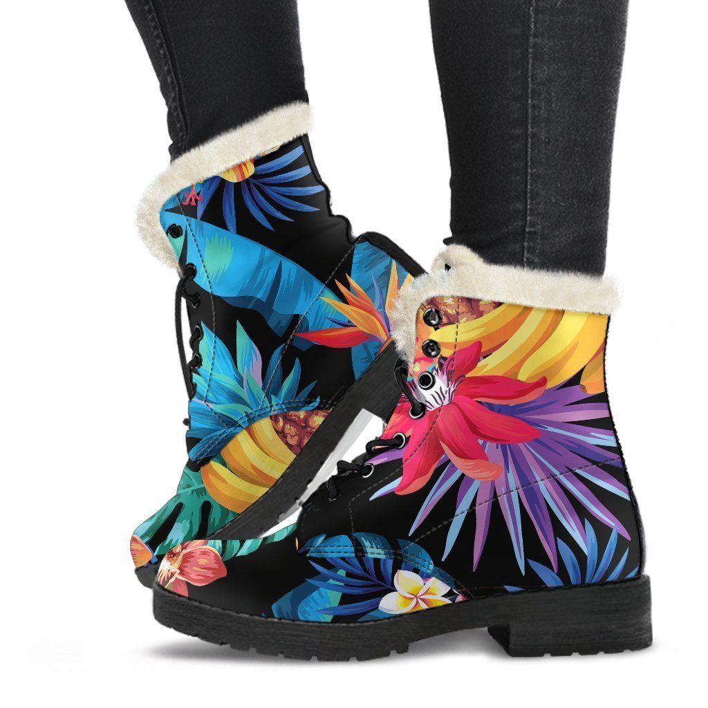 Turquoise Hawaiian Fruits Pattern Print Hippie Faux Fur Leather Boots - 1