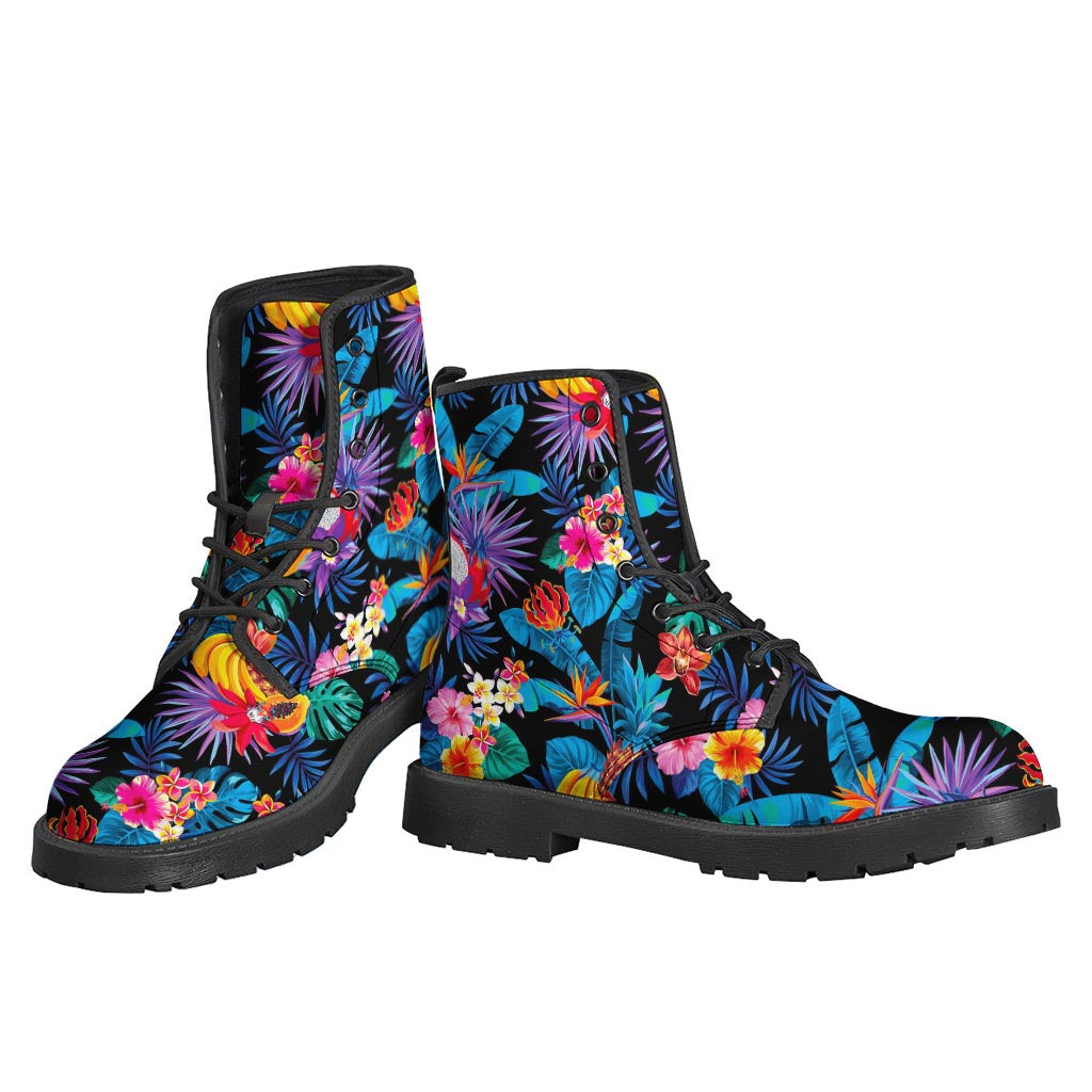 Turquoise Hawaiian Fruits Pattern Leather Boots for Stylish Hippies - 3