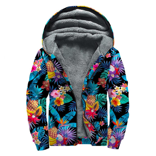 Trippy Turquoise Hawaiian Fruits Pattern Sherpa-Lined Hippie Hoodie - 1