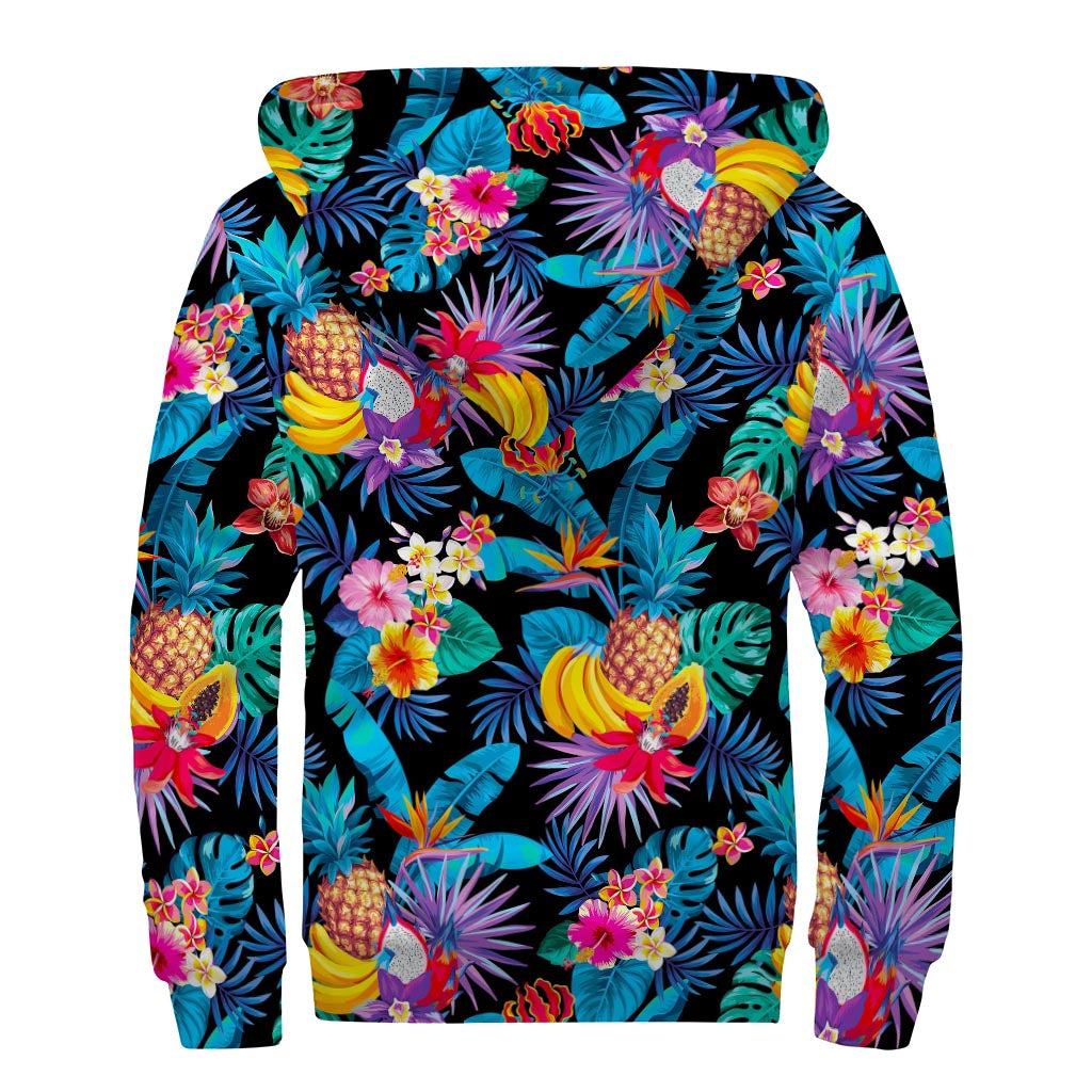 Trippy Turquoise Hawaiian Fruits Pattern Sherpa-Lined Hippie Hoodie - 2